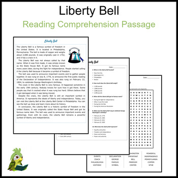 Liberty Bell Reading Comprehension and Word Search by Kakapo Reading