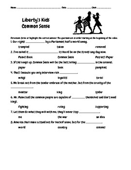Preview of Liberty's Kids Episode 12 Common Sense Questions w/Writing-Drawing Assignment