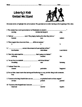 Preview of Liberty's Kids Episode 3 United We Stand Questions w/Writing-Drawing Assignment