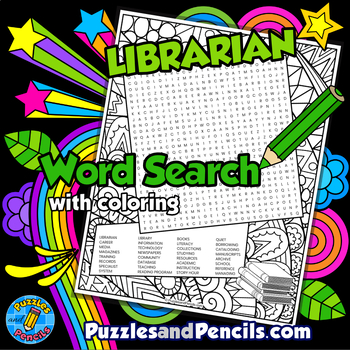 Preview of Librarian Word Search Puzzle Activity Page with Coloring | Careers