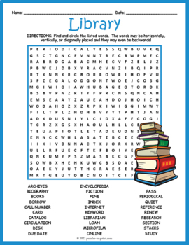 library word search puzzle by puzzles to print tpt