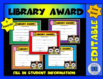 Preview of Library Award 12 - Smiling Owl Set - 5 Awards - Editable