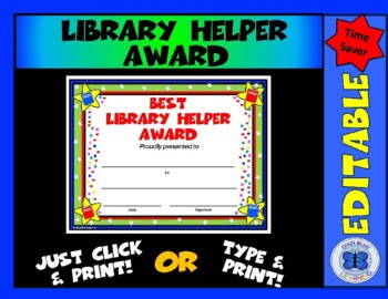 Preview of Library Award 3 - Best Library Helper Award - Editable