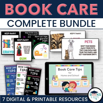 Preview of Library Book Care Lessons, Guessing Game, Bookmarks, Handout and Posters Bundle 