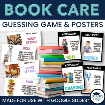 Preview of Library BOOK CARE Skills Guessing Game + Printable Posters for Bulletin Board