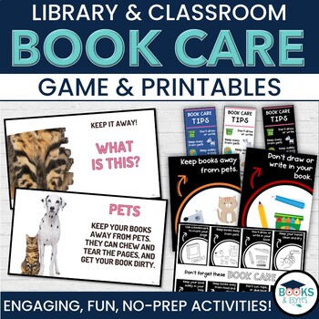 Preview of Library BOOK CARE Guessing Game + Printables  (Bookmarks, Posters and Handout)