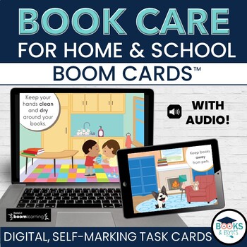 Preview of Library BOOK CARE Tips Lesson for Home & School BOOM CARDS Digital Task Cards