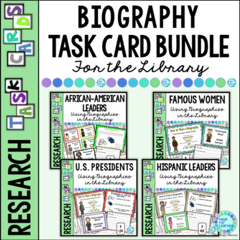 Preview of School Library Biography Location Lessons | Task Cards of Famous People BUNDLE