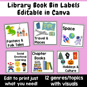Preview of Library Book Bin Labels with Visuals | Editable | 12 Genres & Topics
