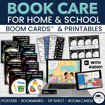 Preview of Library Book Care Lessons, Bookmarks, Posters, Workshees & Boom Cards Task Cards