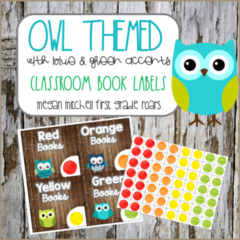 Preview of Owl Theme Classroom Library Book Labels with Wood, Blue, and Green