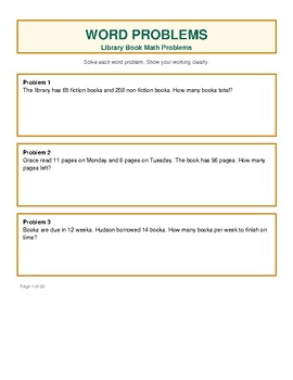 Preview of Library Book Math Problems / Math Practice Worksheets For Students