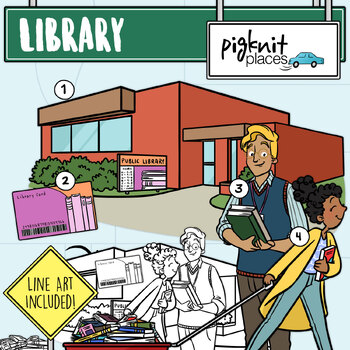 Preview of Library Building Community Clipart with Librarian, Card, and Reader