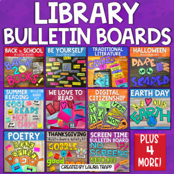 Preview of Library Bulletin Board Bundle for Year Round Elementary Library Bulletin Boards