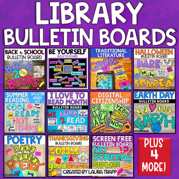 Preview of Library Bulletin Board Bundle for Year Round Elementary Library Bulletin Boards