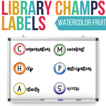 Preview of Library CHAMPS & Grade Level Signs | Watercolor Fruit | EDITABLE