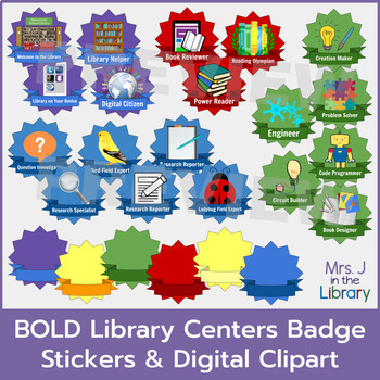 Preview of Library Centers Badges Clipart and Printable Stickers {BOLD Colors}