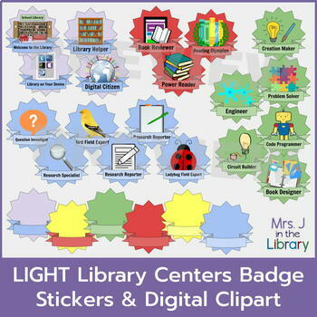 Preview of Library Centers Badges Clipart and Printable Stickers {LIGHT Colors}