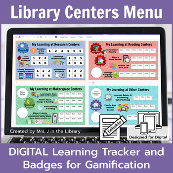 Preview of Library Centers Digital Menu or Tracker & Learning Badges {BOLD color badges}