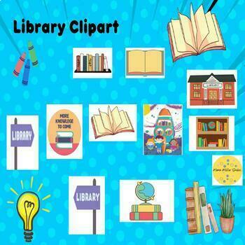 Preview of Library Clipart Classroom Reading Bookshelf Books Sign Globe