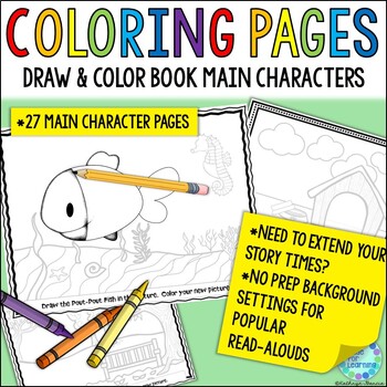 Preview of Library Coloring Sheets and Drawing Activity Pages - Main Characters & Series