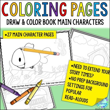 Preview of Elementary Library Coloring Sheets Drawing Activity Pages Main Characters Series