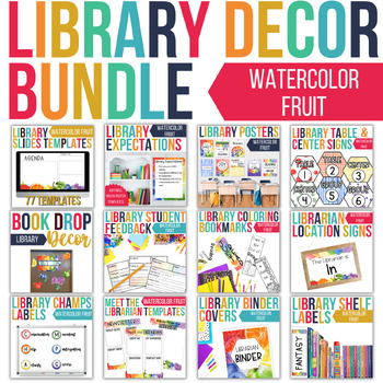Preview of Library Decor BUNDLE | Watercolor Fruit | EDITABLE