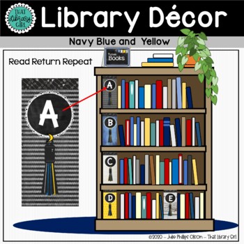 Preview of Library Decor Signs Signage Labels Circulation Desk Banner | Blue and Yellow
