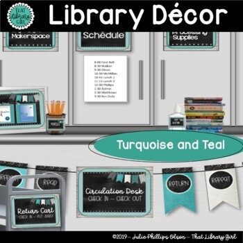 Preview of Library Decor Signs Signage Circulation Desk Banner Labels Tags | Turquoise Teal