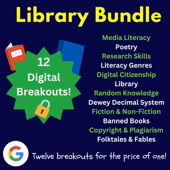 Preview of Library Digital Breakout Bundle (Library Skills Escape Rooms in Google Forms)