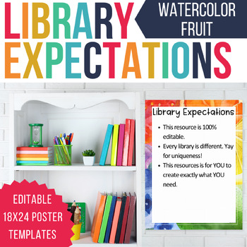 Preview of Library Expectation Poster Templates | Watercolor Fruit | EDITABLE