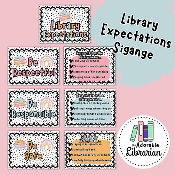 Preview of EDITABLE Library Expectations - Pastel Spots - Rules, Signage, Posters