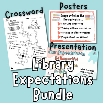 Preview of Library Expectations Welcome Presentation, Posters, and Crossword Worksheet