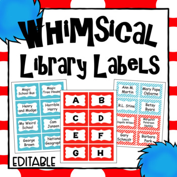 Preview of Editable Library Labels- Red, White and Blue Theme Decor