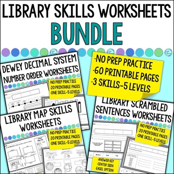 Preview of Library Lesson Worksheets- Dewey Decimal Math, Social Studies Maps and ELA