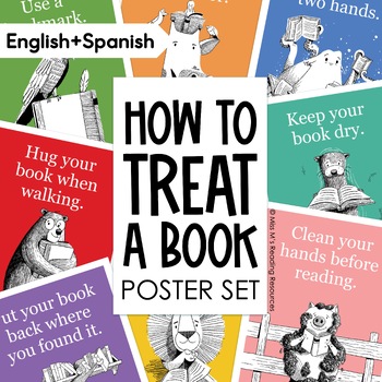 Preview of Library Lessons Library Skills Posters | How to Treat a Book Library Labels