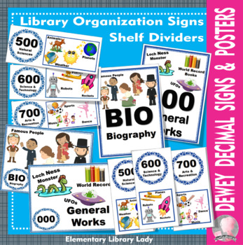 Preview of Library Signs Organization Shelf Divider Set Dewey White Background EDITABLE