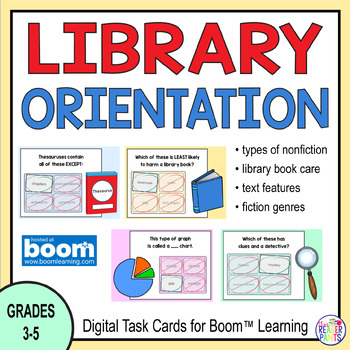 Preview of Library Orientation BOOM Cards - Nonfiction Text Features - Genres - Book Care