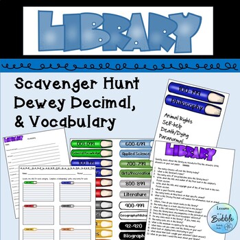 Preview of Library Lessons Scavenger Hunt | Dewey Decimal | Vocabulary
