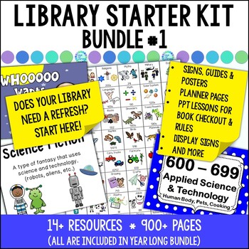 Preview of Library Lessons, Signs, Labels - Back to School Rules, Planner and MORE Kit #1