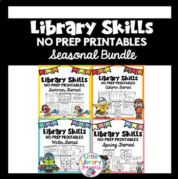 Preview of Library Skills No Prep Printables- SEASONAL BUNDLE- Summer Autumn Winter Spring