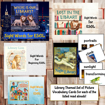 Preview of Library Themed Read Aloud - Picture Vocabulary Cards for Each Story