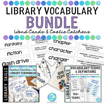 Preview of Library Vocabulary Terms with Definitions and Cootie Catcher Lesson Activities 