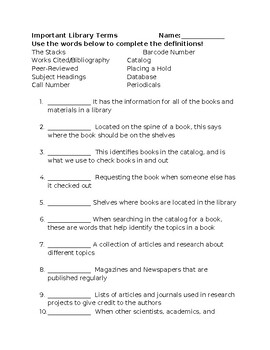 Preview of Library Vocabulary Worksheet