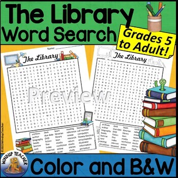 Preview of Library Word Search Activity Hard for Grades 5 to Adult