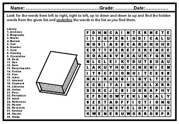 Preview of Library Word Search Puzzle Worksheet, No Prep Sub Plan