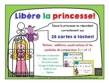 Preview of Libère la princesse! (26 cartes à tâche) [+,-,Comparaisons ( ou =)) {FRENCH}