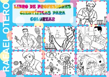 Preview of Libro para colorear sobre las profesiones científicas en español