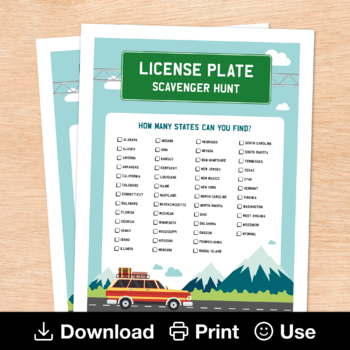 Preview of License Plate Scavenger Hunt, Printable Summer Roadtrip Game, List of 50 States