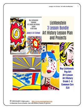 Preview of Lichtenstein Art 3 Lesson Bundle Girl Ribbon Sunrise Explosion K-6th Common Core